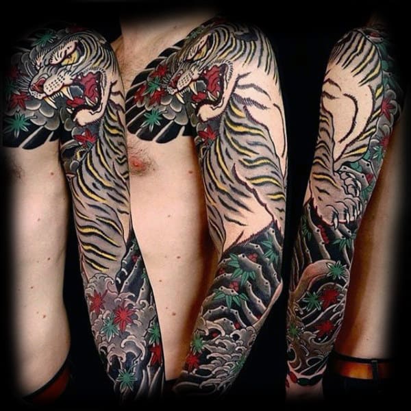 Grey Tiger Japanese Sleeve Tattoo For Male