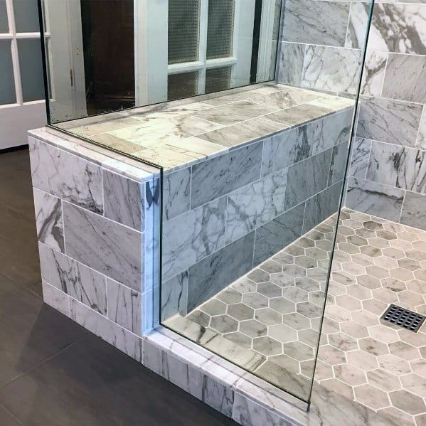Grey Tile Shower Benchs Bathroom Ideas With Hexagon Floor