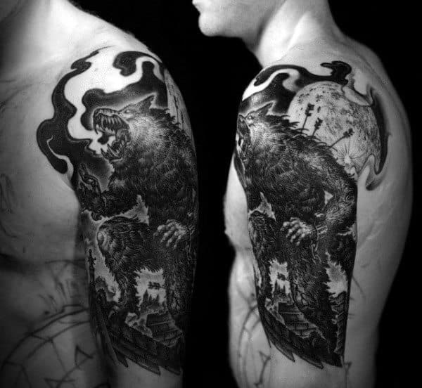Grey Werwolf With Piercing Arrows Tattoo Mens Arms