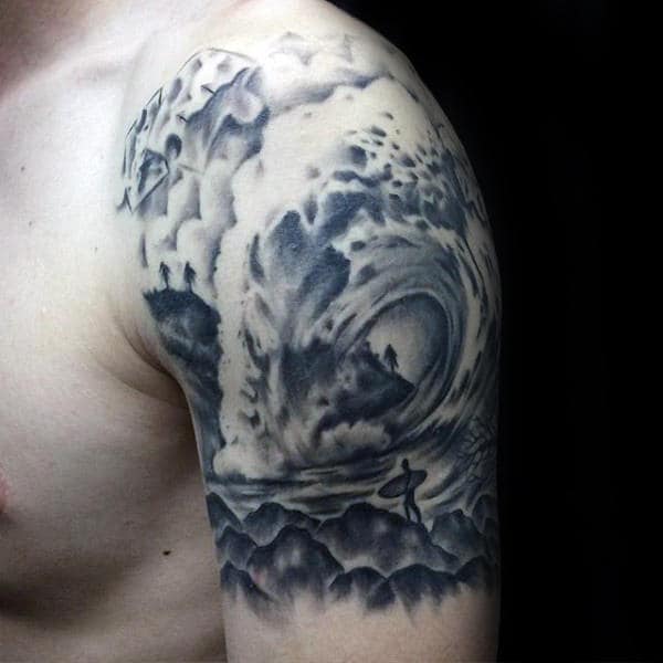 Grey Whirlpool In The Sky And Surf Tattoo Male Arms