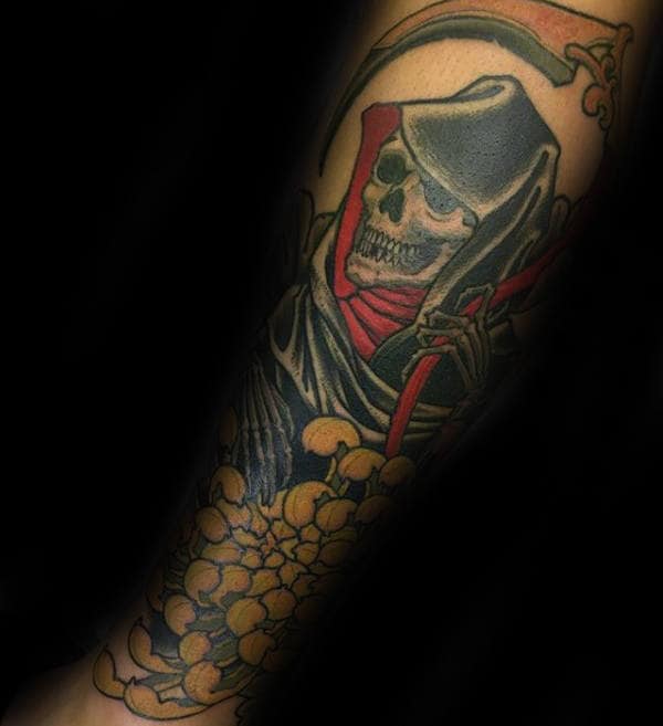 Grim Reaper Chrysanthemum Mens Forearm Tattoo