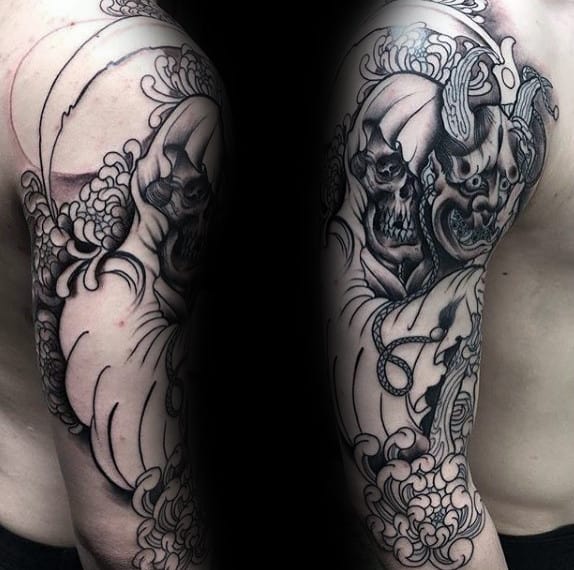 Grim Reaper Chrysanthemum Mens Half Sleeve Tattoo