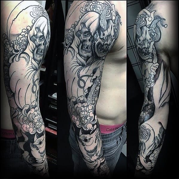 Grim Reaper Kitsune Fox Mens Full Sleeve Tattoos
