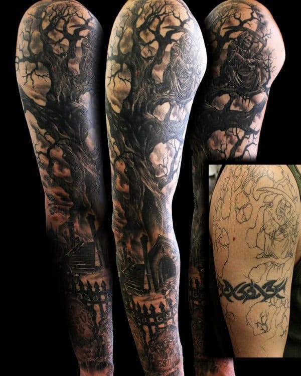Grim Reaper Mens Tree Sleeve Tattoo