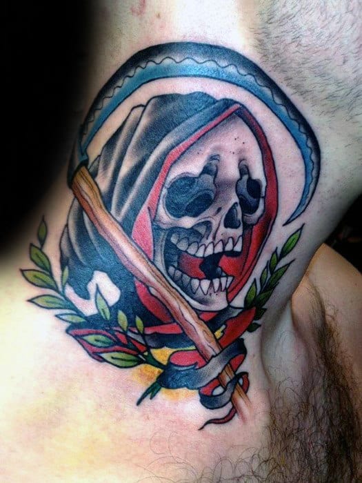 Grim Reaper Skull Guys Traditional Neck Tattoo