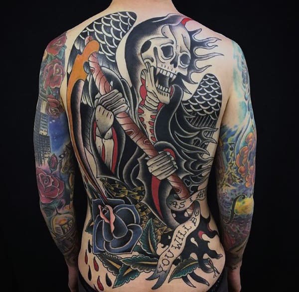 Grim Reaper Traditional Back Tattoo Designs For Guys