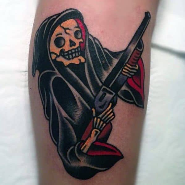 Grim Reaper Traditional Shotgun Guys Leg Tattoo.