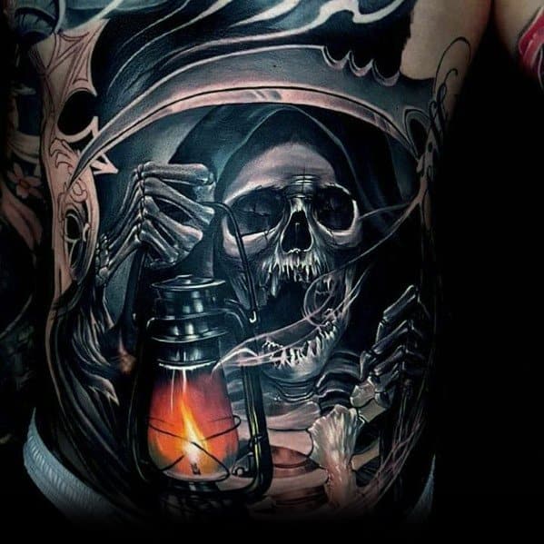 Grim Reaper With Lantern 3d Realistic Mens Big Chest Tattoo