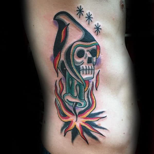 Grim Reaper With Upside Down Candle Guys Rib Cage Side Traditional Tattoos