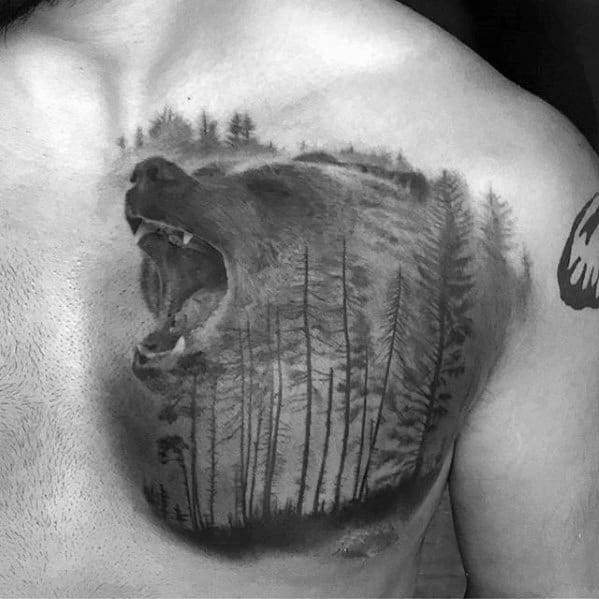 Growling Bear In Forest Shaded Upper Chest Sweet Tattoos For Men