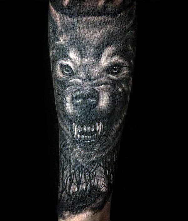 Growling Wolf Male Shaded Forest Forest Sleeve Tattoos