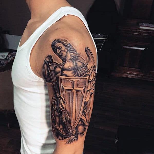 Guardian Angel With Shield Tattoo Mens Arms