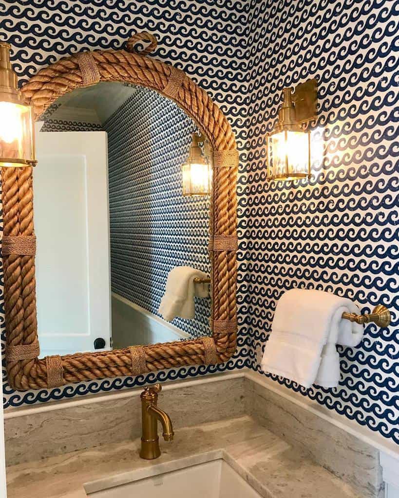 blue waves wallpaper marine theme bathroom rope mirror 