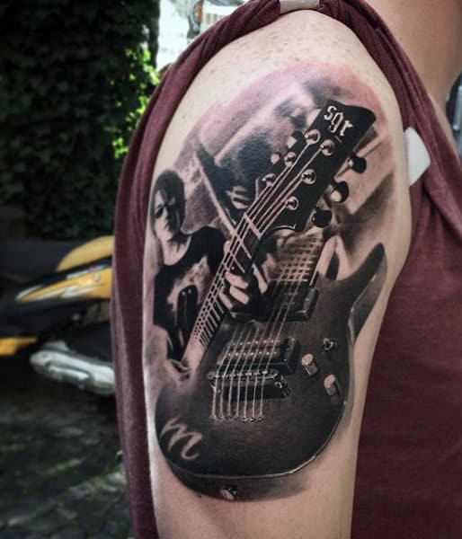 Guitar And Music Note Men's Tattoos On Arm