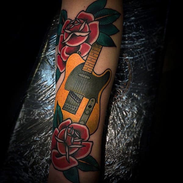 Guitar Sleeve Tattoos Designs For Men With Flowers