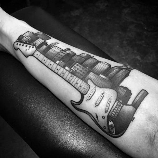 Guitar With Skyline Mens Outer Forearm Tattoo