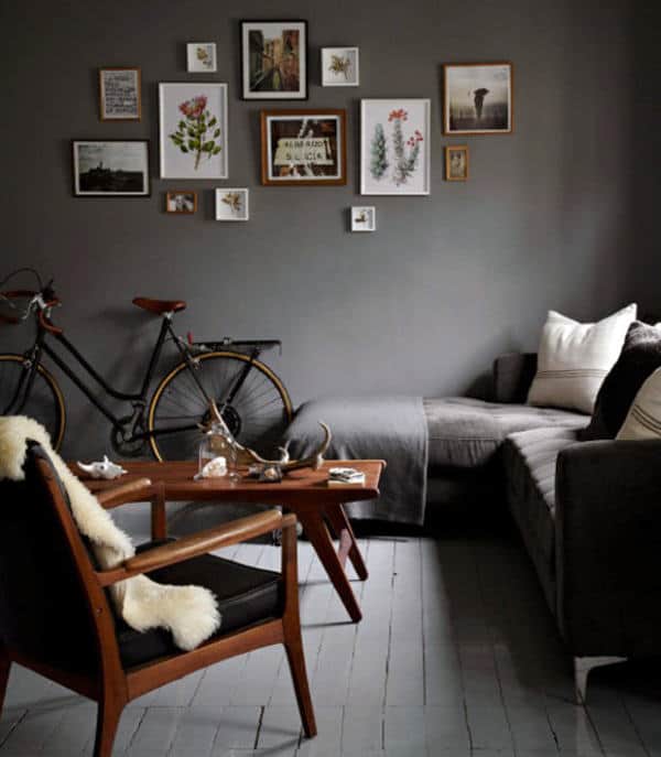 gray living room with bicycle 