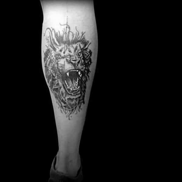 Guy With Abstract Watercolor Lion Leg Calf Tattoo Design