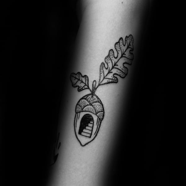 Guy With Acorn Staircase Creative Dotwork Tattoo On Forearm