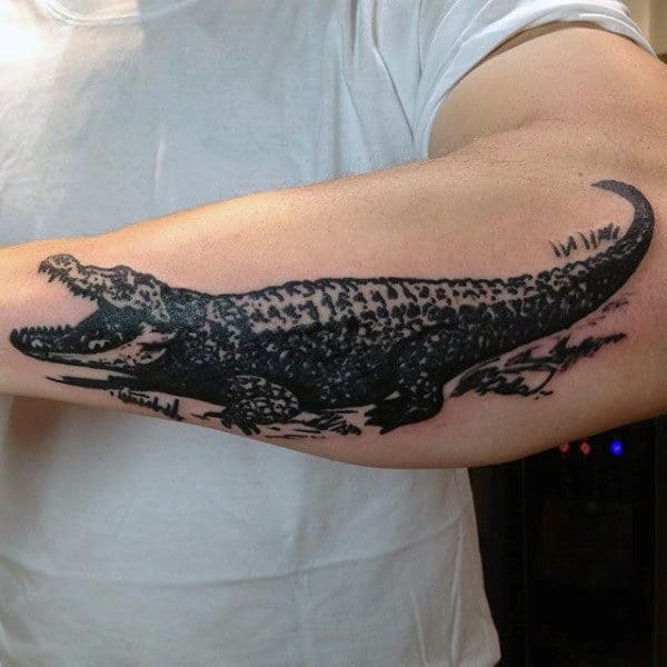 Guy With Alligator Art Tattoo Design Inspiration On Outer Forearm