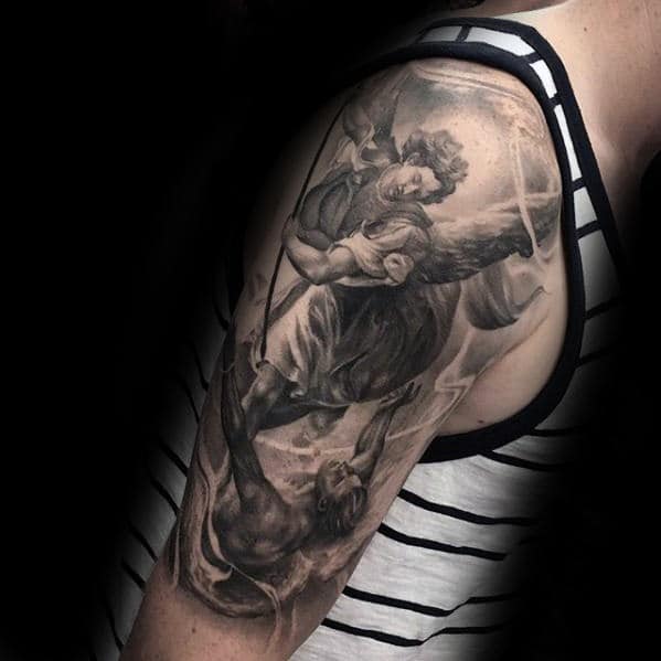 Guy With Angel Battling Demon Awesome Half Sleeve Tattoo