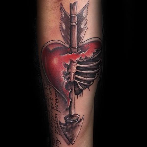 Guy With Arrow Rib Cage Broken Heart Tattoo Design On Inner Forearm