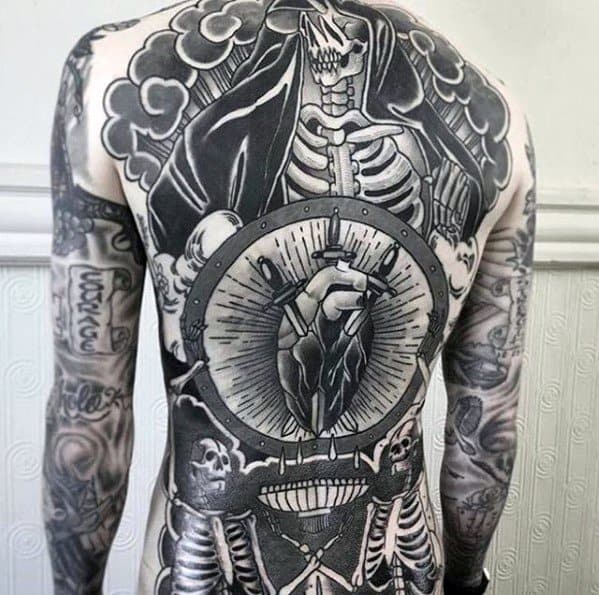Guy With Awesome Full Heart Dagger Back Tattoo Design