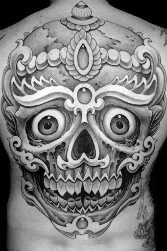 Guy With Back Ornate Tibetan Skull Tattoo Design
