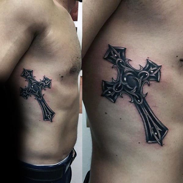 Guy With Badass 3d Ornate Cross Tattoo On Rib Cage Side