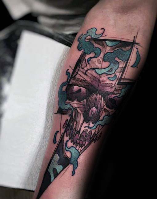 Guy With Badass Lighting Bolt Skull Inner Forearm Tattoo