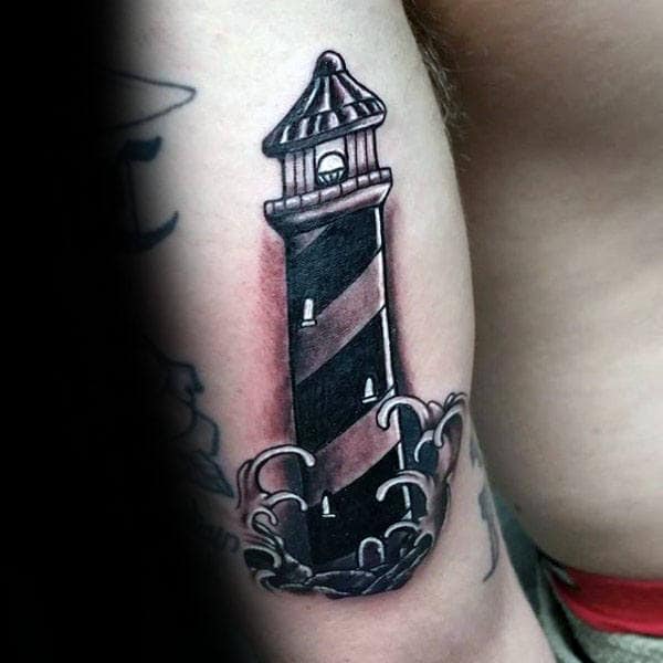 Guy With Black And White Ink Traditional Lighthouse Tattoo