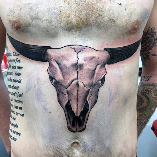 Guy With Bull Skull Stomach Tattoo Design