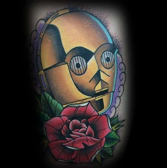 Guy With C3po Rose Flower Traditional Old School Tattoo