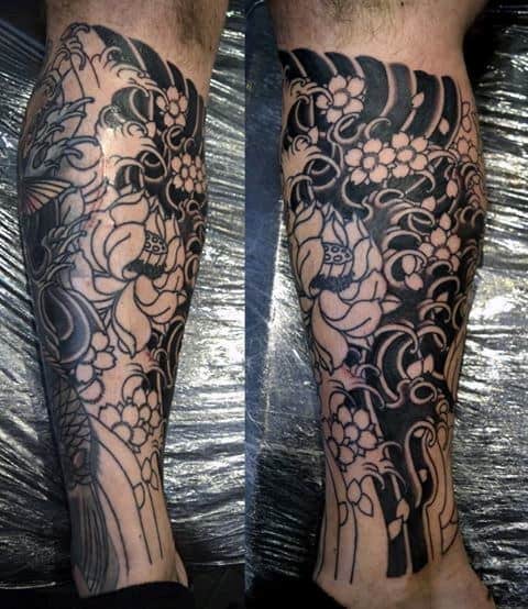 Guy With Cherry Blossom Black Ink Japanese Leg Sleeve Tattoo