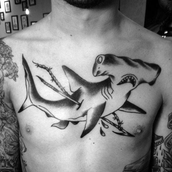 Guy With Chest Hammerhead Shark Vintage Tattoo Design