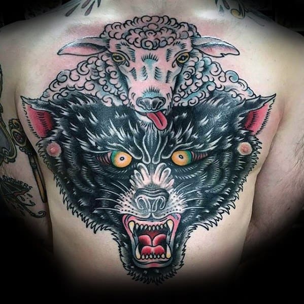 Guy With Chest Wolf In Sheeps Clothing Tattoo Design