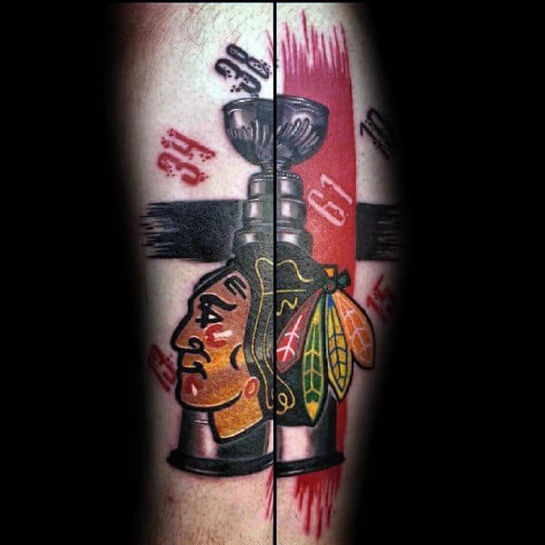 Guy With Chicago Blackhawks Trophy Abstract Tattoo Deisgn
