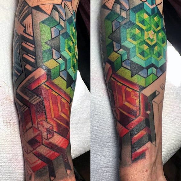 Guy With Colorful 3d Geometric Leg Tattoo Design