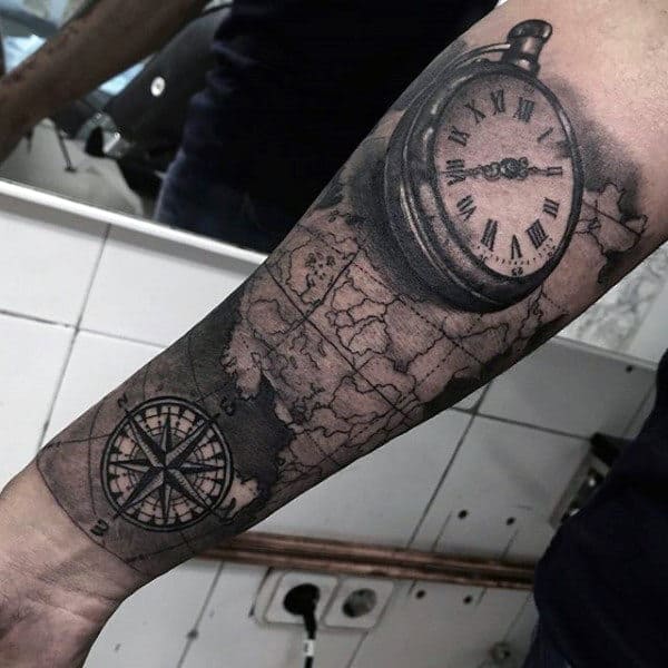 Guy With Compass And Pocket Watch Tattoo On Forearms