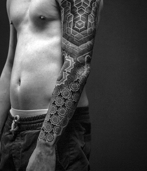 Guy With Cool All Black And Grey Geometric Tattoo Sleeve