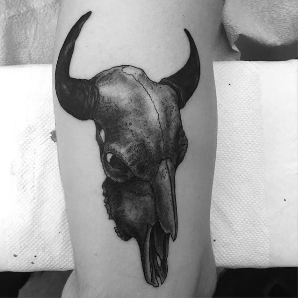 Guy With Cool Animal Bison Skull Leg Calf Tattoo