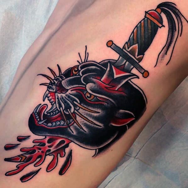 Guy With Cool Dagger Traditional Panther Rib Cage Side Tattoo