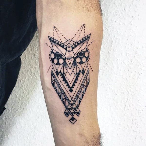 Guy With Cool Geometric Owl Tattoo Design On Inner Forearm