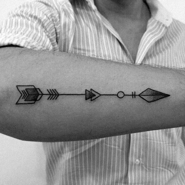 Guy With Cool Geometric Small Simple Outer Forearm Arrow Tattoo