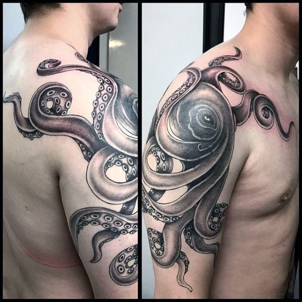 Guy With Cool Octopus Shaded Black And Grey Arm And Shoulder Tattoo