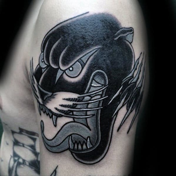 Guy With Cool Traditional Panther Head And Claw Arm Tattoo