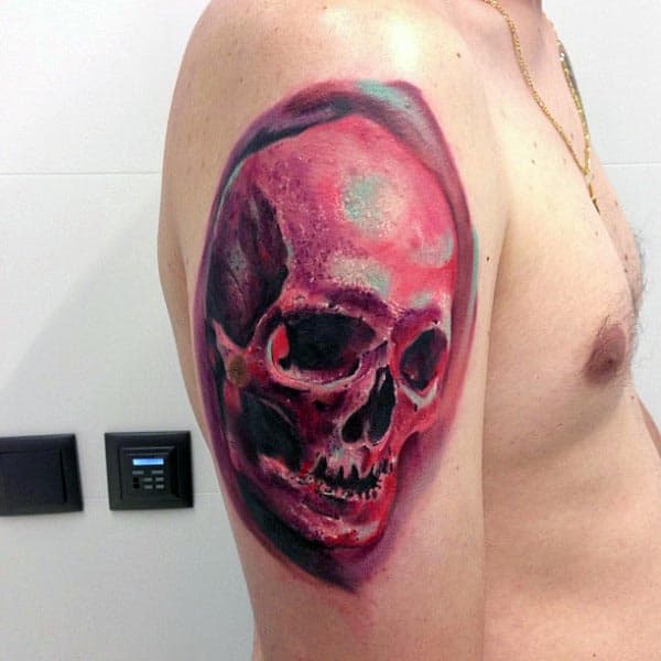 Guy With Cool Watercolor Skull Arm Tattoo Design