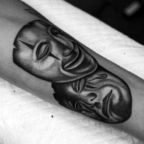 Guy With Drama Mask Tattoo Design Chicano Heavily Shaded Inner Forearm