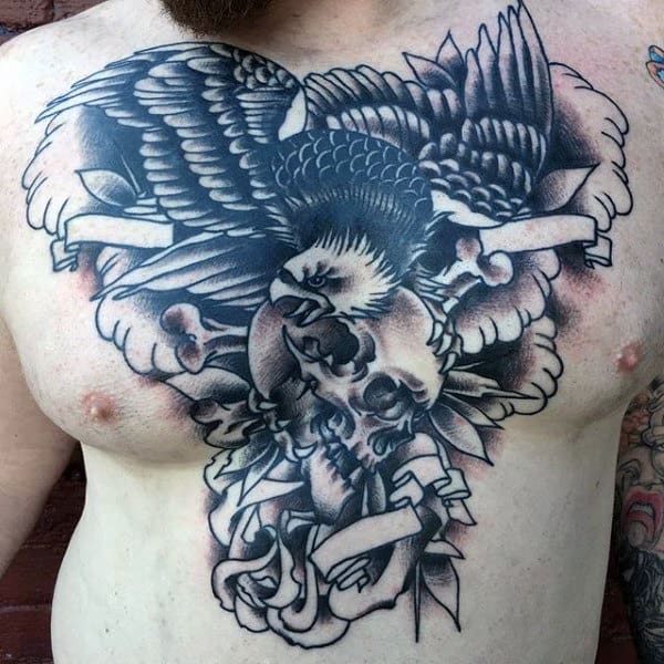 Guy With Eagle Skull Tattoo Design On Chest