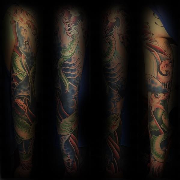 Guy With Eel Full Arm Sleeve Tattoo Design